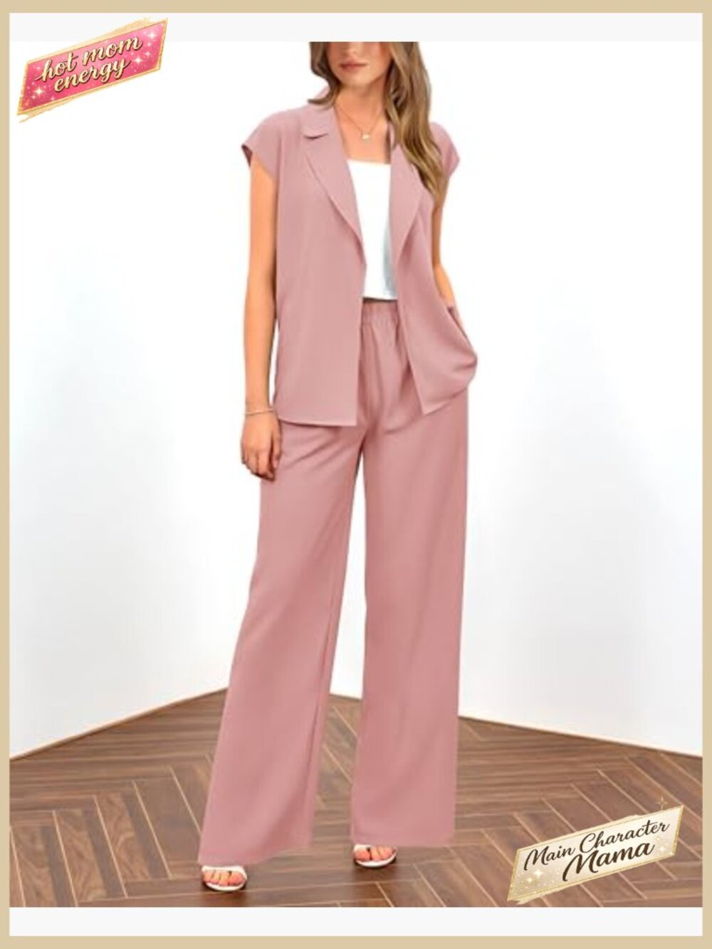 Sleeveless Blazer Vest & Wide Leg Pant Set Business Casual 2 Piece Outfits - Picture 6 of 7